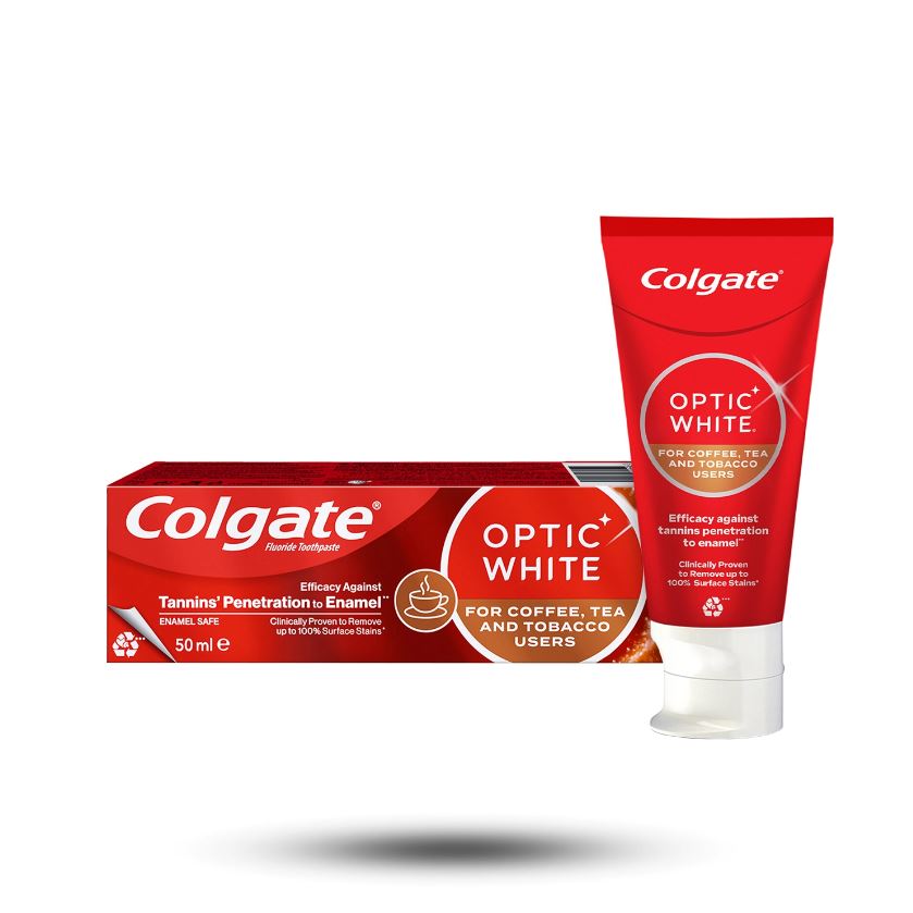 خمیردندان سفیدکننده کلگیت مدل Optic White مخصوص مصرف کنندگان قهوه و سیگار حجم 50 میل