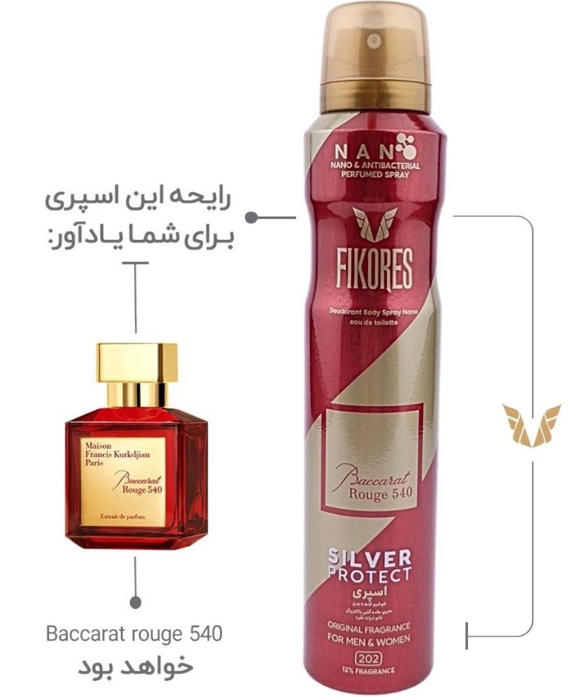 اسپری بدن نانو آنتی‌باکتریال فیکورس رایحه باکارات رژ 540 (unisex)